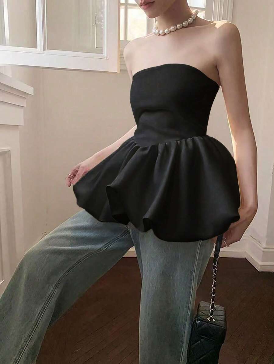 INAWLY Top con volante y peplum en unicolor elegante - Negro - Ver 1