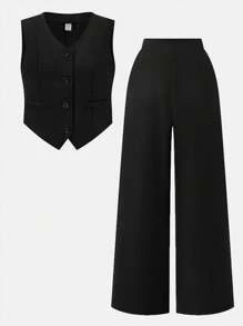 SHEIN Bộ 2 áo và quần họa tiết da báo Mỹ cổ điển cho bé gái tuổi teen - màu đen - Xem 2