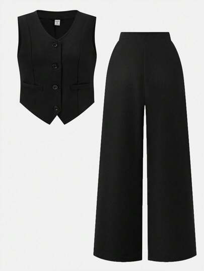 SHEIN Sweetra Young 2pcs Teenage Girls Vintage American Leopard Print Top And Pants Set