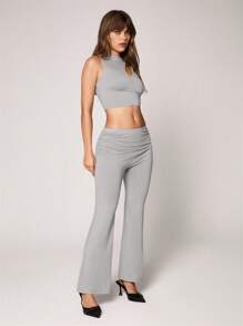 SHEIN Unity 2 Pieces Set Women Asymmetric Neck Top And Ruched Flare Pants, Casual Outfit - Grey - View 7