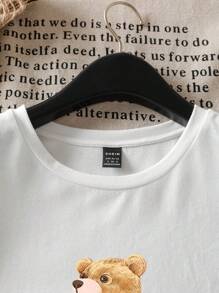 SHEIN EZwear Vintage handgeschilderde berenontwerp getailleerd dames casual ronde hals korte mouw T-shirt, geschikt voor de zomer