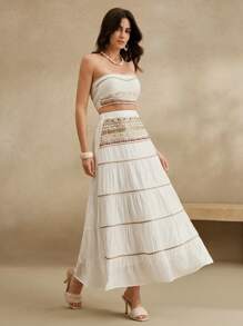 Anewsta Holiday Beach Trip Sequin Patchwork Halter Crop Top & Layered Skirt 2Pcs Set, Women Spring/Summer Vacation Outfits - White - View 4