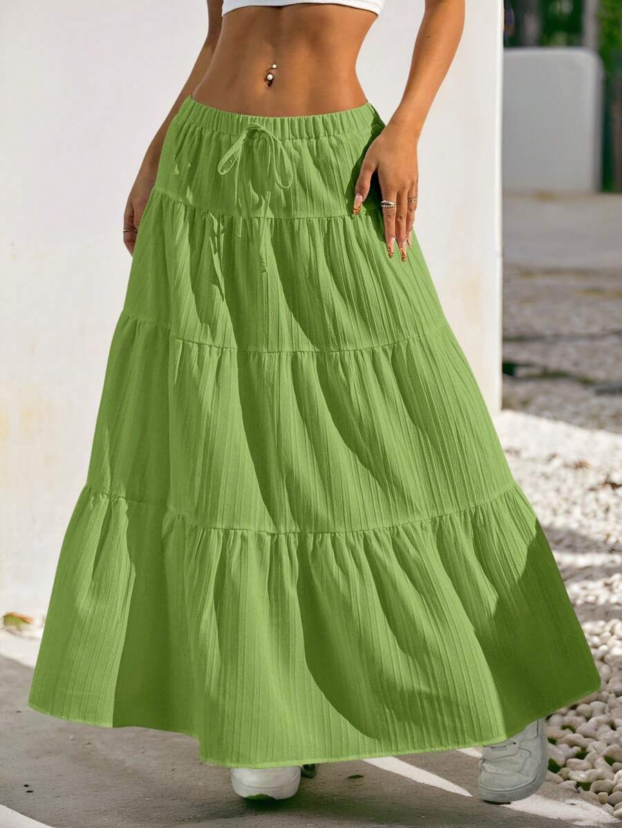 SHEIN EZwear 女士度假纯色腰带荷叶边下摆 A 字形纹理半身裙 - 綠色 - 查看 1