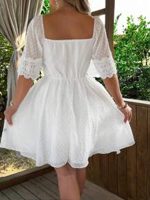 Flirla Romantic Floral Lace Trim Ruffle Sleeve Mini Babydoll Dress - White - View 2