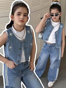 青少年女孩时尚优雅甜美酷炫 Y2K 漂白蓝色重磅星星铆钉宽松牛仔夹克和背心 - 淺色水洗藍 - 查看 3