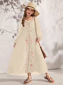 SHEIN Explorewe 女童长袖时尚黑色连衣裙，夏季 - 杏色 - 查看 4