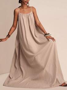 Slaydiva Plus Size Women Solid Color Pleated Slip Maxi Casual Dress,Flowy Dress