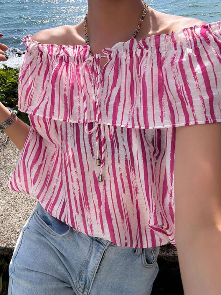 Vacation Beach Tie-Dye Striped Frill Off Shoulder Front Tie Drawstring Short Sleeve Women Blouse Summer Cruise Women Boho