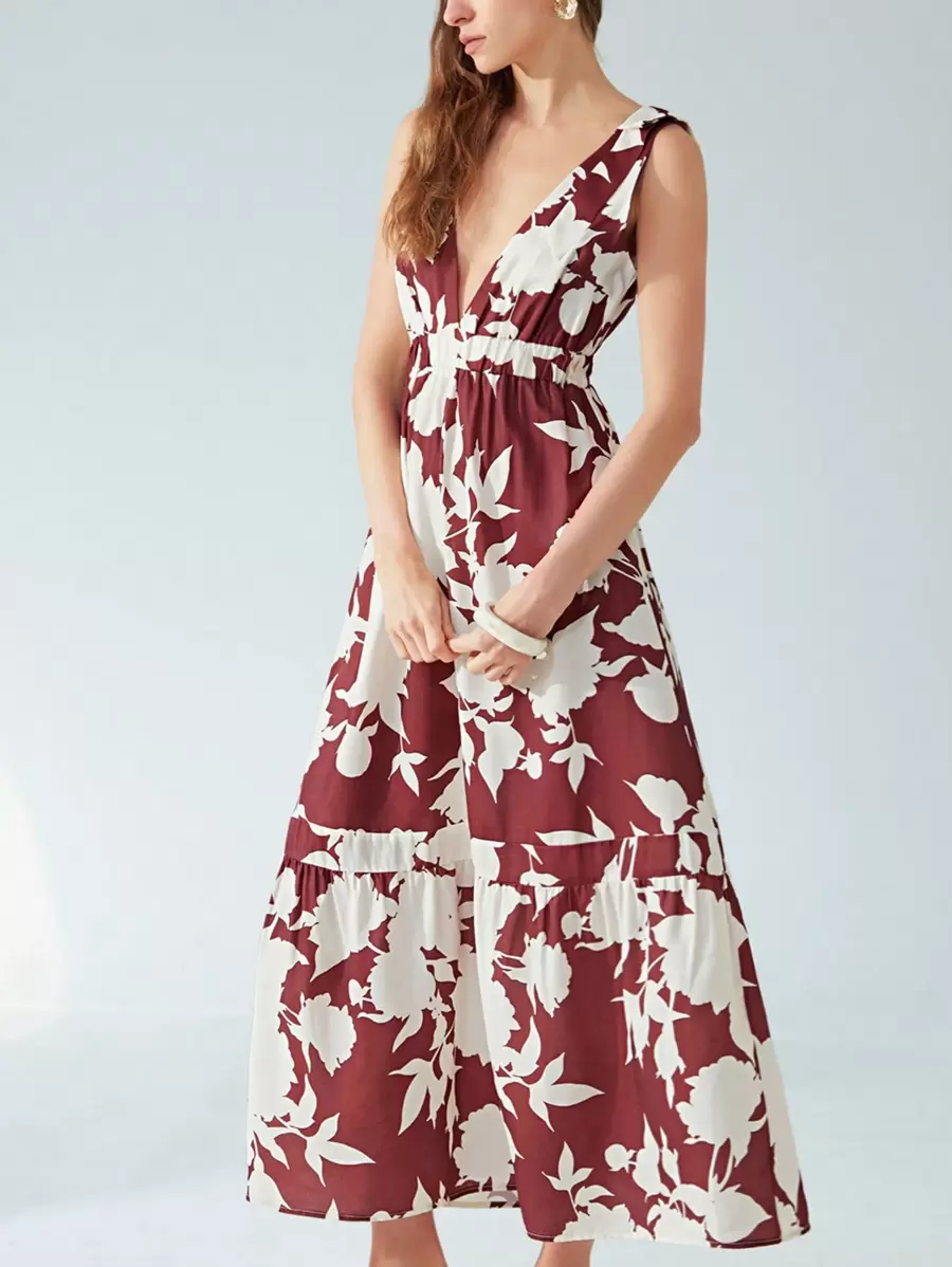 Aveloria Modichic 25 Spring/Summer New Arrival French Vintage Casual Resort Beach Deep V Sleeveless Bowknot Strap Design Waist Fitted Flowy Dress With Bold Print - Red - View 1