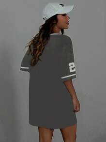 SHEIN EZwear 夏季休闲运动字母与数字图案灰色宽松V领短袖T恤连衣裙 - 灰色 - 查看 2