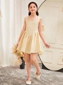 SHEIN Vestido elegante y de color amarillo pato para niñas preadolescentes, con cuello cuadrado de unicolor, sin mangas, espalda descubierta, decorado con gran lazo y empalme en forma de V. Vestido francés elegante y a la moda, ideal para volver al colegio, apropiado para graduaciones, bailes de promoción y fiestas de cumpleaños.