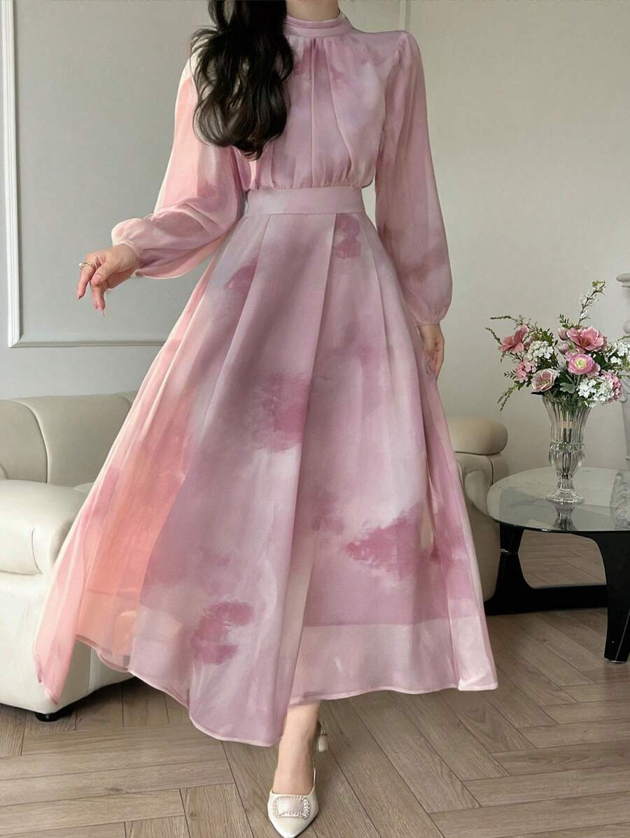 DAZY 女士扎染印花立领灯笼袖褶裥优雅中长连衣裙，秋季长袖印花连衣裙 - 紫色 - 查看 1