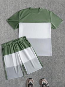 Manfinity Dauomo 2 件套男士撞色圆领短袖休闲 T 恤和短裤套装