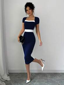 Elenzga 撞色修身方领女式短袖优雅连衣裙 - 藏蓝色 - 查看 4