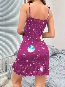 Star Print Ruffle Hem Camisole Nightgown - Multicolor - View 2