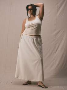 MUSERA Plus Fitted Square Neck Tank Top, Holiday, Elegant , Holiday Spring Summer Casual - Cream - View 5