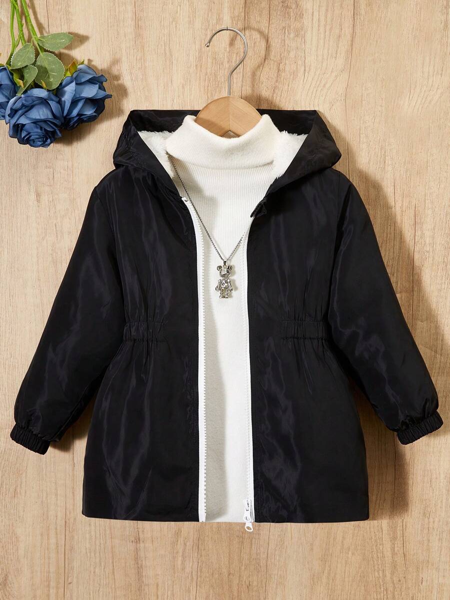 SHEIN 女童姐妹装设计，休闲百搭运动简约撞色滚边防风内衬收腰派克大衣，适合秋冬季节穿着，保暖防风，姐妹装，日常穿着，女童外套，春季外套 - 黑色 - 查看 1