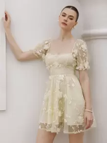 Aveloria Rosie Elegant Vacation Detailed 3D Floral Embroidery Mesh Fabric Square Neck Puff Sleeve A-Line Mini Dress For Women Boho Beach FashionableStyle  For Summer