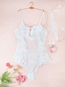 2pcs/Set Wedding Sexy Lace Jumpsuit With Eye Mask - White - View 6