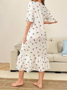 SHEIN Ruffle Trim Short Sleeve Sweet Bear & Bow Print Long Nightgown Babydoll Bowknot, Moo Moo - Beige - View 2