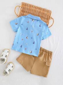 Cozy Pixies Set de 2 piezas con parte superior de punto de manga corta con cuello suave y pantalones cortos de cintura elástica para bebé niño