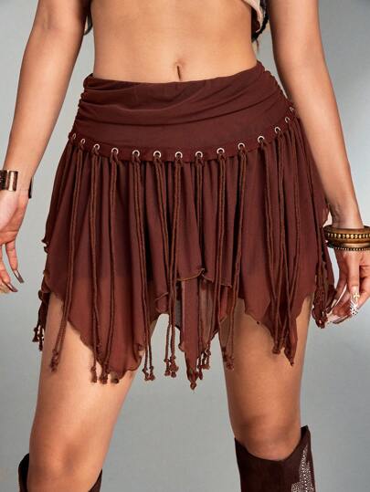 Hippie Jupe mini asymétrique à franges style western bohème pour femmes