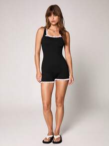 SHEIN Unity Lace Patchwork Casual Jumpsuit For Women - Black - View 6