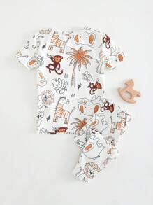 Cozy Pixies 2pcs Baby Boy Snug Fit Pajamas Set, Cartoon Animal Graphic Soft Knit Round Neck Short Sleeve Top And Elastic Waist Long Pants - White - View 2