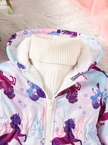 Baby Girl Front Zipper Long Sleeve Full Print Hooded Jacket, Casual Daily Wear