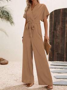 EMERY ROSE Women's Solid Color Crossed V-Neck Short Sleeve Wide Leg Casual Jumpsuit - Khaki - View 3