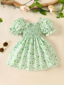 SHEIN Đầm suông tay bồng in họa tiết hoa cho bé gái - màu xanh lá - Xem 2