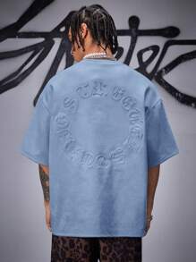 AXEPEAK Men's Street Style Gothic Letter Air Layer Suede Embossed Loose Dropped Shoulder Crew Neck Short Sleeve T-Shirt, Summer, Streetwear Essentials