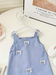 SHEIN Baby Girl Elegant Color Block Bow Decor Summer Dress - Blue - View 6
