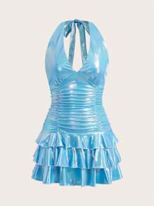 Sweetina 挂脖式褶饰荷叶边金属蛋糕层连衣裙 - 淺藍色 - 查看 2