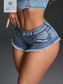 SHEIN SXY Coolmax Women's Pocket Ripped Fringed Sexy Denim Shorts - Blue - View 3