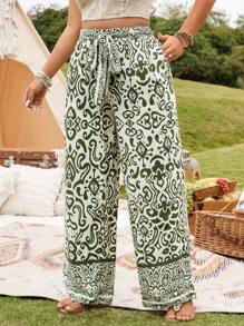 Breezaya Plus Size Women Elegant Commute& Vacation Versatile Totem Pattern Tie Waist Long Pants