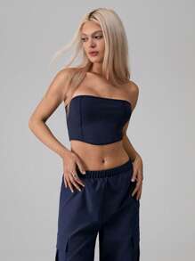 TRNVIE 2pcs Women Solid Color Cropped Tank Top & Camo Cargo Pants Co-Ord Set - Navy Blue - View 3