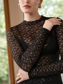 SHEIN Unity Maglietta da donna elegante e sexy, in tessuto trasparente a rete e pizzo, con scollo tondo e maniche lunghe, dalla vestibilità alta ed elastica
