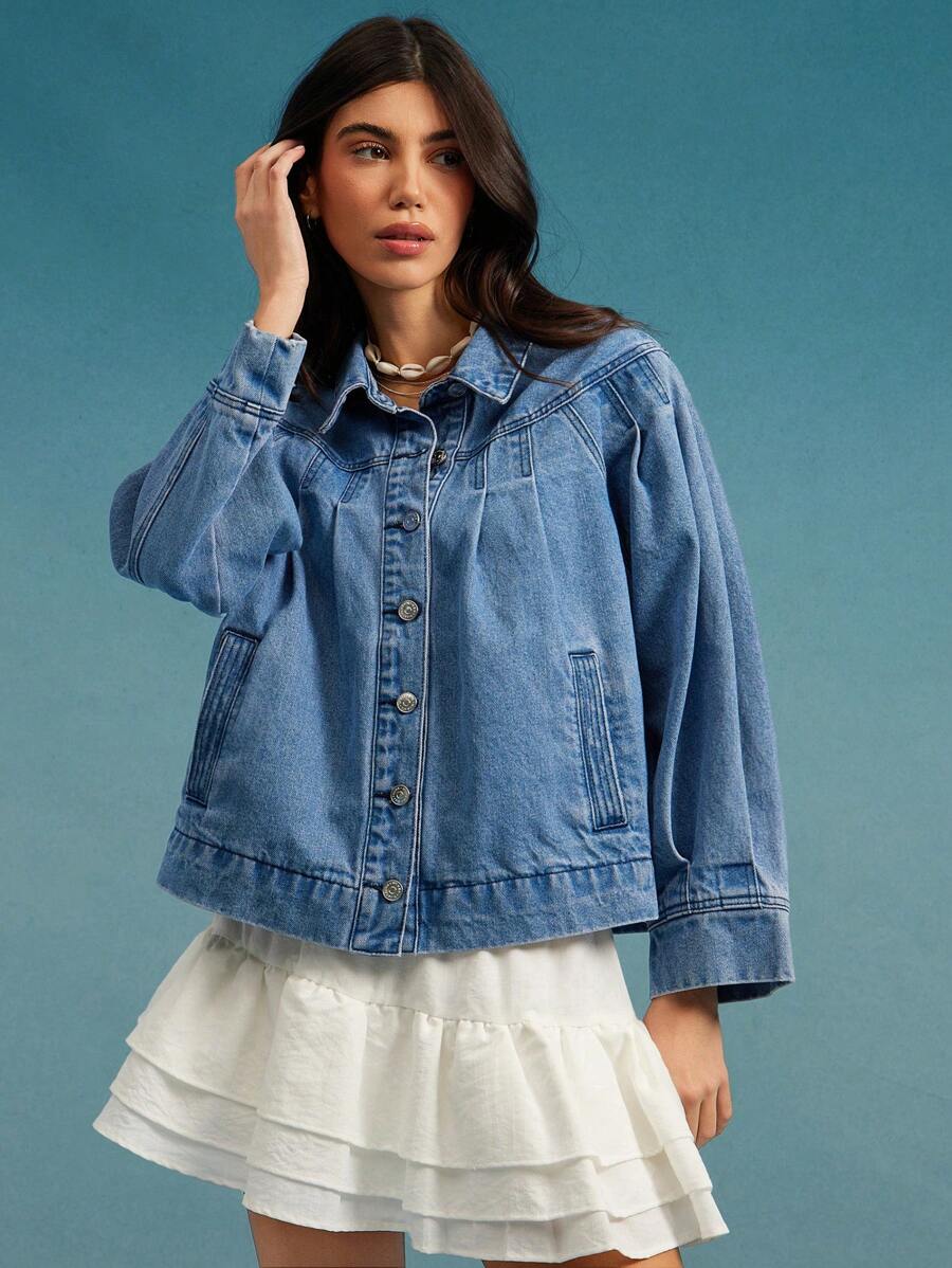 WESTFADE Spring Collared Button Front Pleated Long Sleeve Western Denim Cowgirl Swing Jacket Casual Cute Beach - Dark Wash - View 1