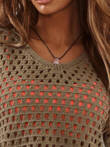 Musera Resort 开放式钩针编织短袖上衣仅可爱性感度假夏季海滩泳装罩衫 - 橄欖綠 - 查看 2