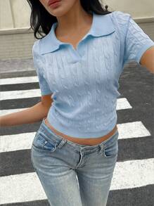 Flirla 女士纯色短袖扭绳高领针织上衣