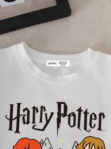 HARRY POTTER X SHEIN Young Boy Casual Figure Graphic Short Sleeve Round Neck T-Shirt, Suitable For Summer - White - View 3