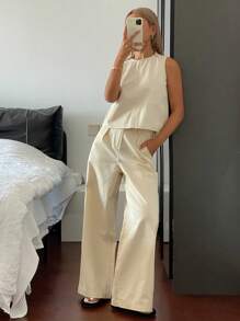 Livesso 女士纯色圆领休闲背心和裤子套装 - 卡其色 - 查看 5