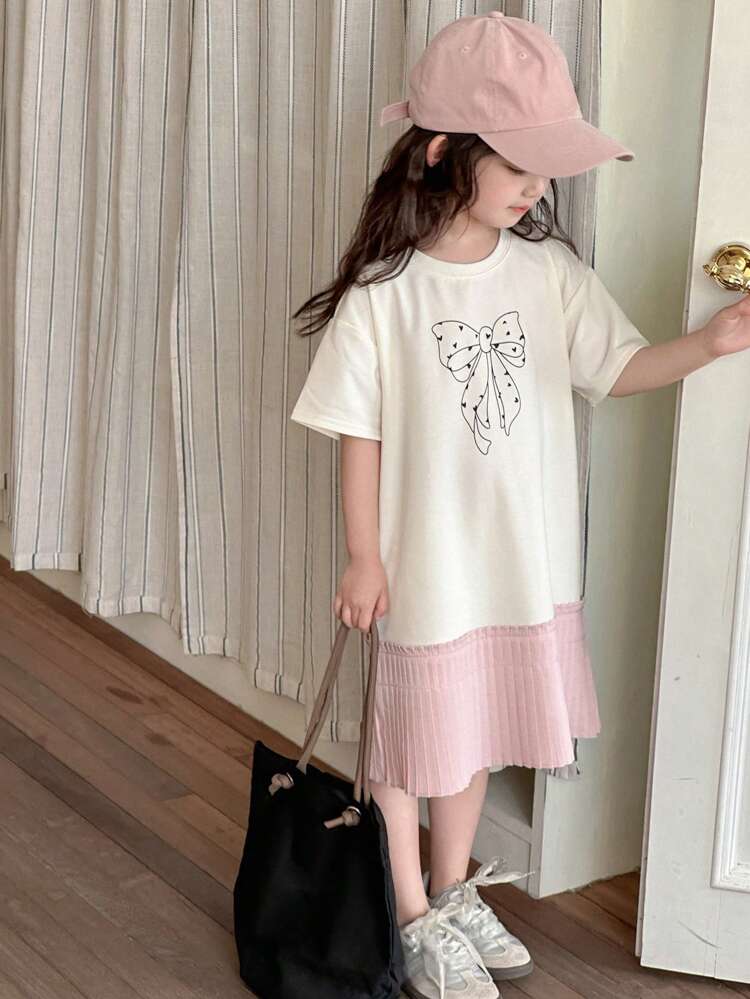 Young Girl Round Neck Bow Print Patchwork Short Sleeve Spring/Summer Dress