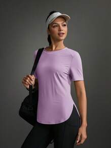 Exploreva 休闲纯色短袖弧形下摆运动服户外T恤健身房女式衬衫