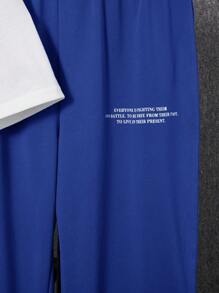 SHEIN Leap Crew 2Pcs Set Teen Boys Casual Short Sleeve T-Shirt And Long Pants Outfit, Street Punk Rock College Style, Suitable For Spring & Summer Seasons, Costume For Tween Boys, White And Green - Dusty Blue - View 4