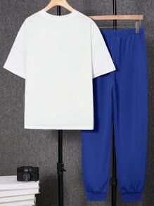 SHEIN Leap Crew 2Pcs Set Teen Boys Casual Short Sleeve T-Shirt And Long Pants Outfit, Street Punk Rock College Style, Suitable For Spring & Summer Seasons, Costume For Tween Boys, White And Green - Dusty Blue - View 7