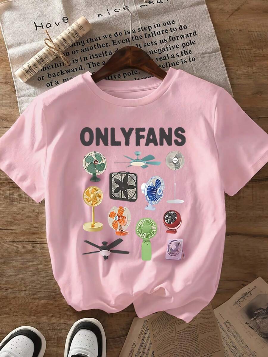 Calvaya ONLYFANS Curse Champagne Print Plus Size Round Neck T-Shirt For Summer & Spring Women's Clothing