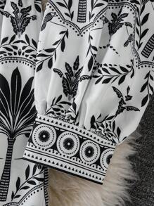 SHEIN Clasi Women's Casual V-Neck Long Sleeve Vacation Plant Print Dress - Black and White - View 3