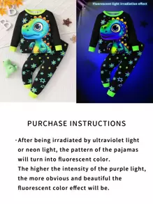 SHEIN Perso Play 男婴 3D 恐龙夜光图案长袖上衣和紧身裤睡衣套装